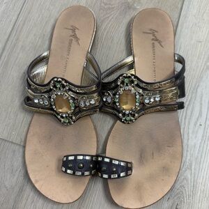 Giuseppe Zanotti Flat Slide Sandals Size 39 Brown Leather Ring Toe Gold Gems